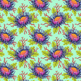 TULA PINK FLORAL REEF - FRIENDS & ANEMONES - SEAFOAM